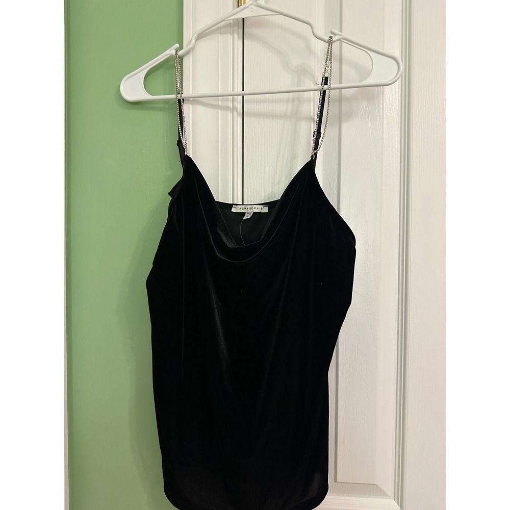 TASH SOPHIE Black Velvet Embellished Strap Cami Top Size L‎